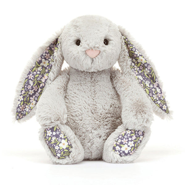 Silver Grey Plush Bunny — Purple Floral Ears