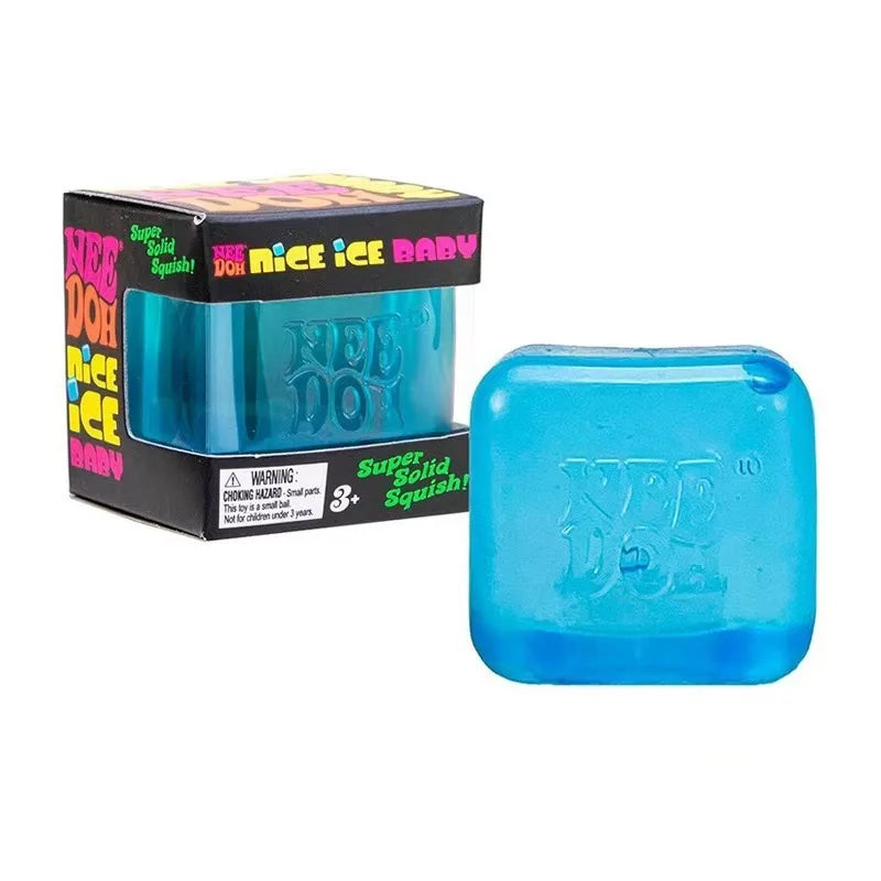 Blue Nee Doh Nice Ice Baby squishy cube with packaging - anti-stress sensory fidget toy
